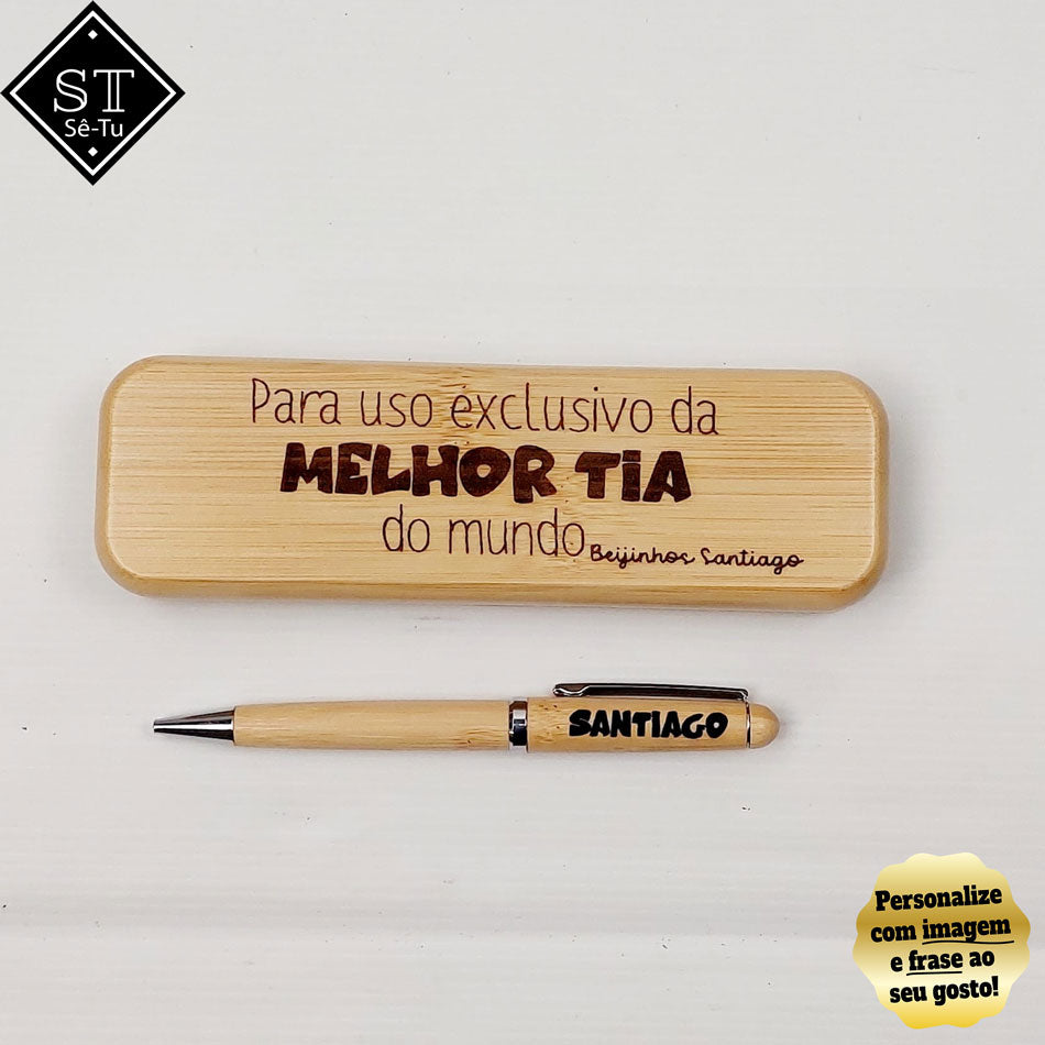 Caneta com caixa Madeira Melhor Tia do Mundo